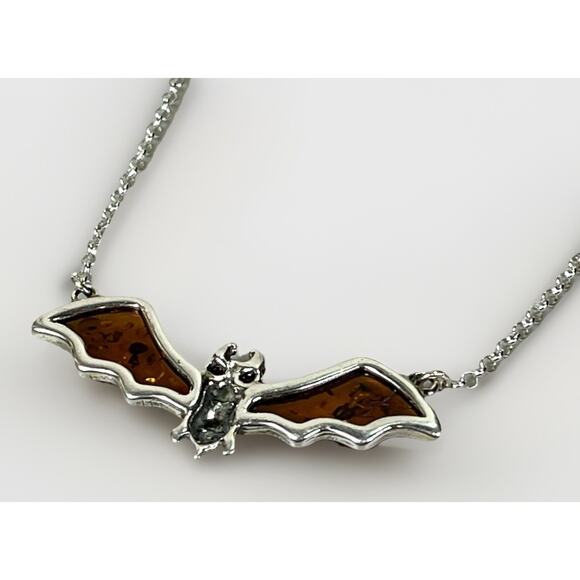 Baltic Amber Bat Wing Pendant -925 Sterling Silver - 17.5-19.5” NEW Gothic - Picture 10 of 16